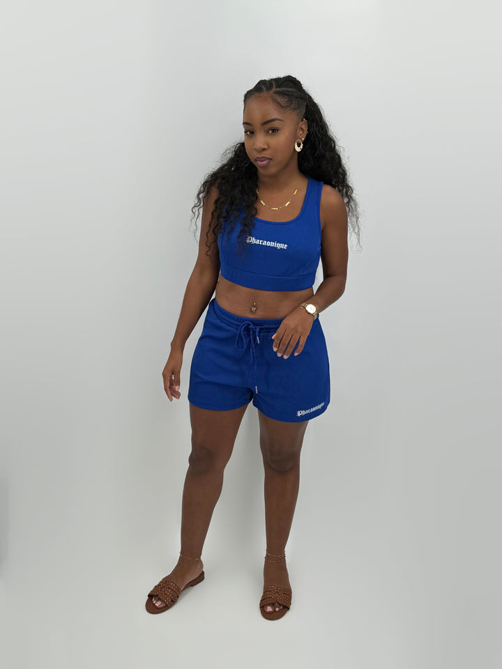 Conjunto Anubis de crop top e calções – Azul – Pharaonique