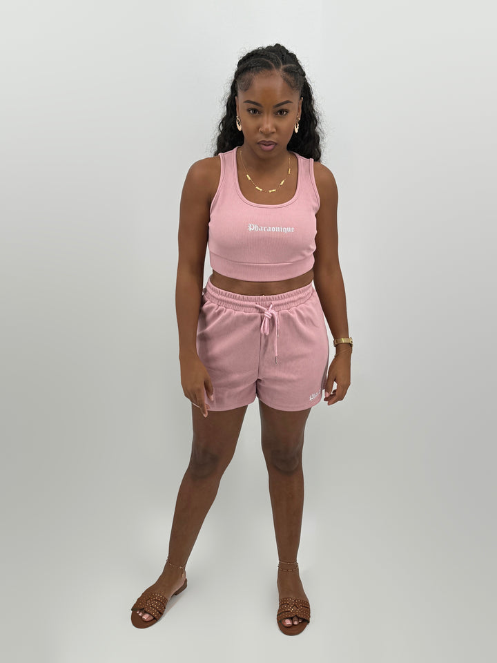 Conjunto Anubis de crop top e calções – Rosa – Pharaonique