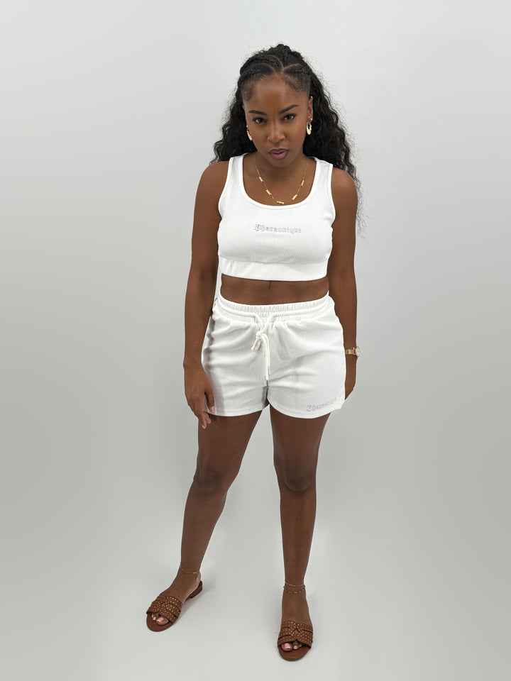 Conjunto Anubis de crop top e calções – Branco – Pharaonique