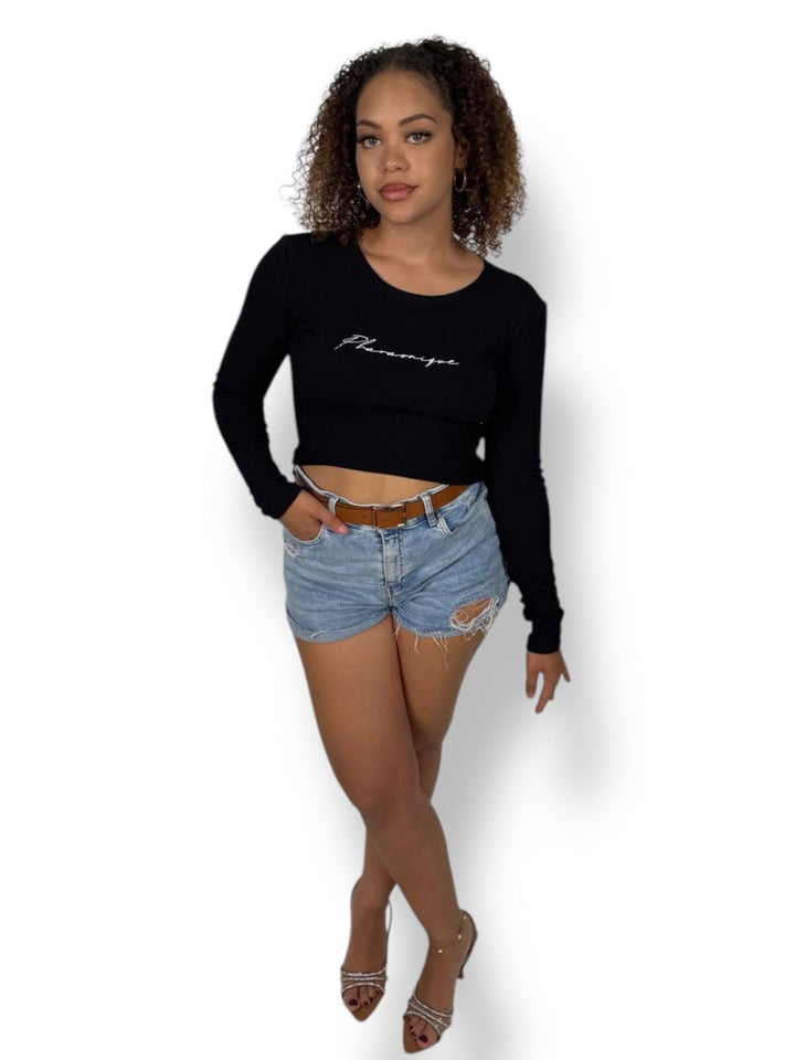 Crop top Signature de manga comprida – Preto – Pharaonique