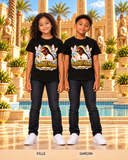 T-shirt enfant Badbay Mono noir porté par une fille et un garçon