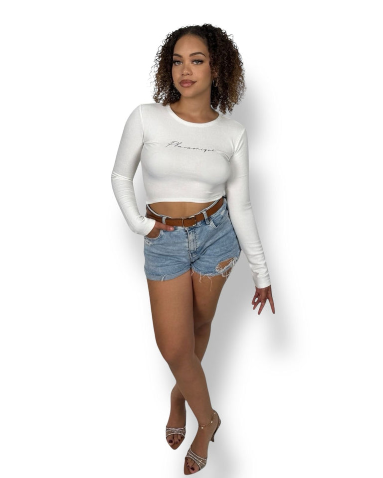 Crop top Signature de manga larga – Blanco – Pharaonique