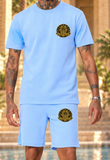 Ensemble short tee-shirt Homme Kemet bleu – détail des logos Pharaonique côté cœur et poche gauche