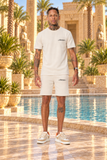 Ensemble short tee-shirt Homme New Pharaon beige, vue de face avec logo Pharaonique noir côté cœur et poche gauche