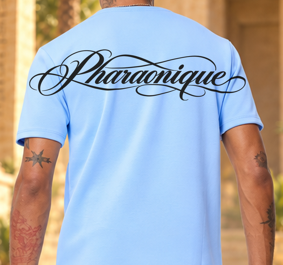 Ensemble New Pharaon bleu ciel, détail du dos corrigée : logo Pharaonique légèrement remonté et intégré aux plis du tissu