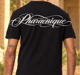 Ensemble New Pharaon noir, détail du dos : logo Pharaonique légèrement remonté, rendu mat suivant le tissu