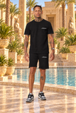 Ensemble short tee-shirt Homme New Pharaon noir, vue de face avec logo calligraphié côté cœur et poche gauche