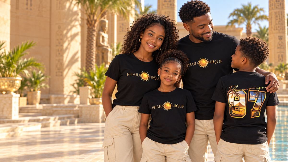 Parents et enfants en T-shirts Pharaonique noirs et dorés, dans une cour égyptienne ensoleillée.