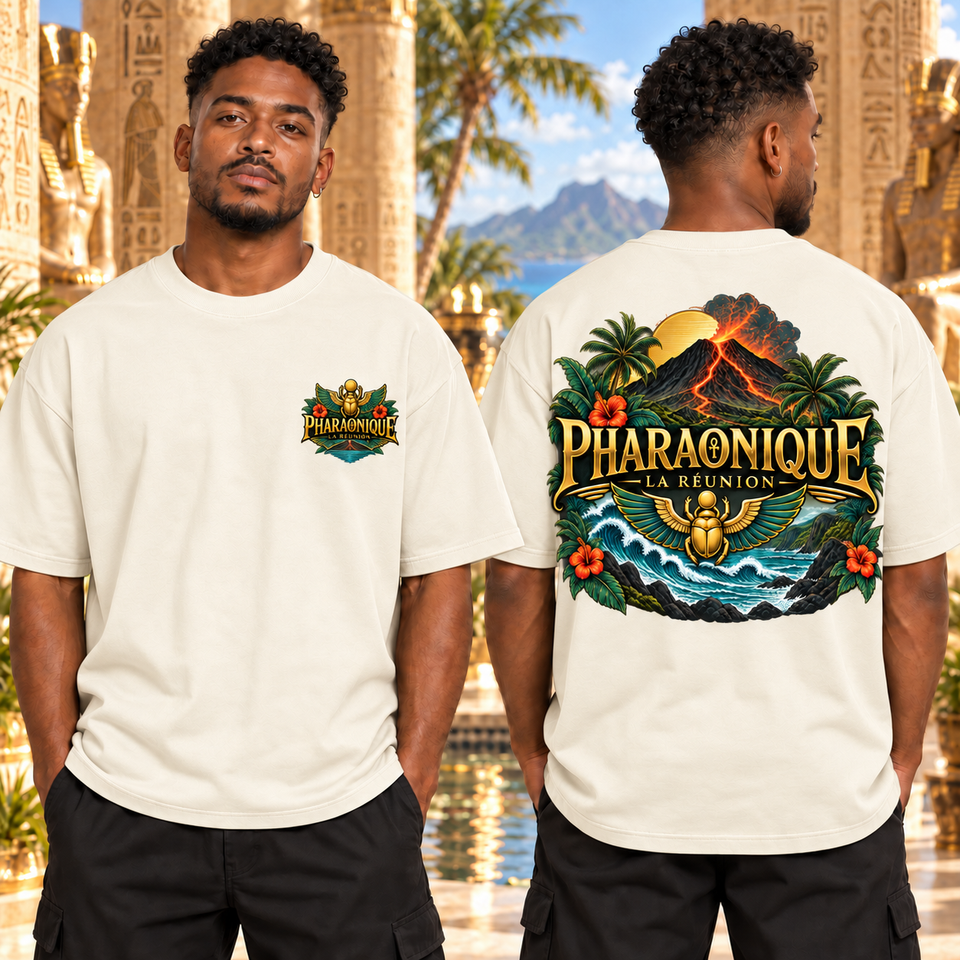 T-shirt oversize La Réunion Homme Blanc cassé – vue avant et dos