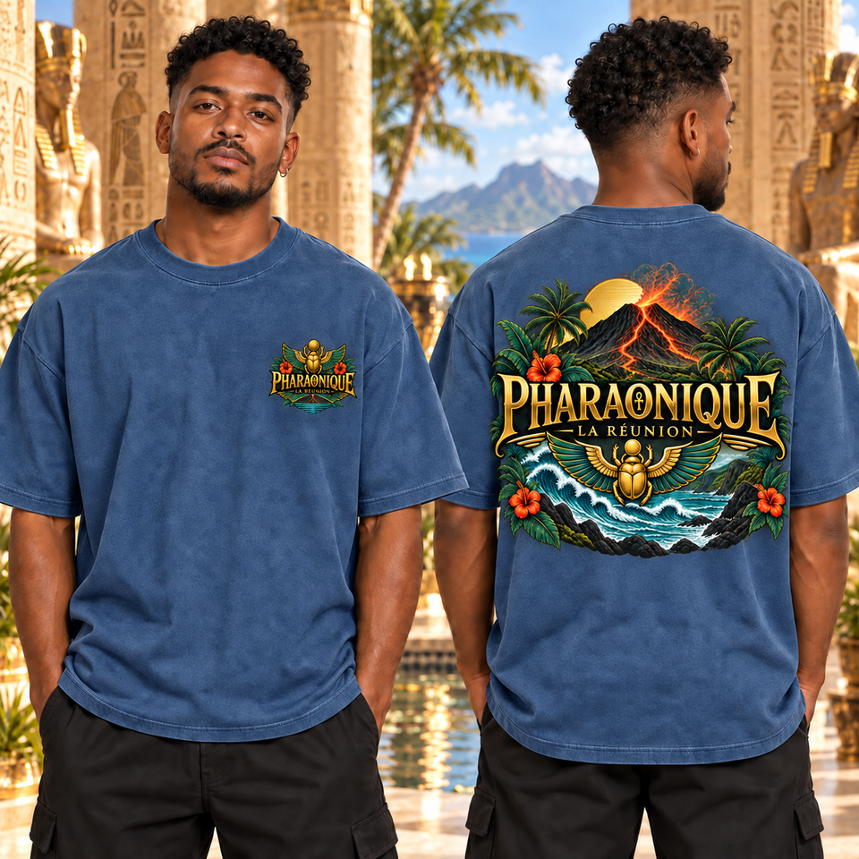 T-shirt oversize La Réunion Homme Denim – vue avant et dos