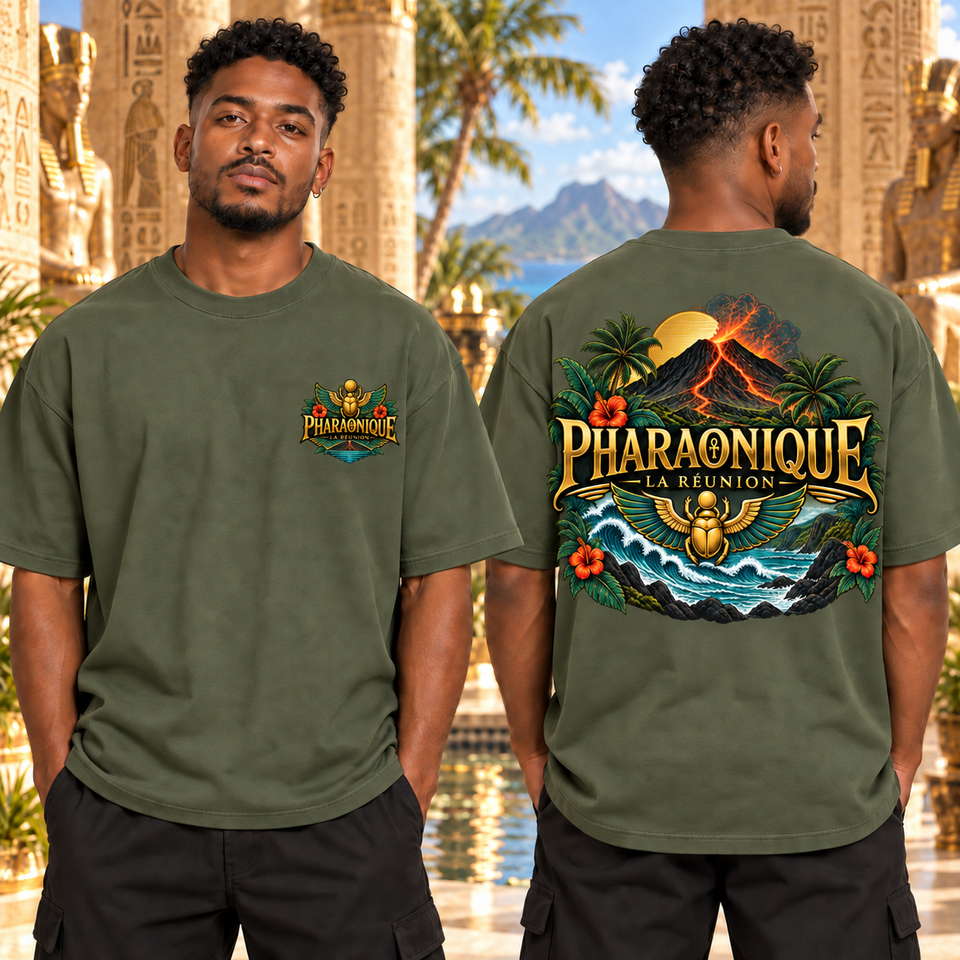 T-shirt oversize La Réunion Homme Kaki – vue avant et dos