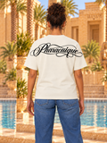 T-shirt oversize femme New Pharaon Blanc cassé, vue de dos, logo Pharaonique dans le haut du dos