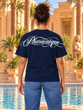 T-shirt oversize femme New Pharaon Bleu marine, vue de dos, logo Pharaonique dans le haut du dos
