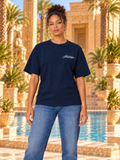 T-shirt oversize femme New Pharaon Bleu marine, vue de face, logo Pharaonique côté cœur