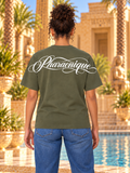 T-shirt oversize femme New Pharaon Kaki, vue de dos, logo Pharaonique dans le haut du dos
