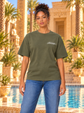 T-shirt oversize femme New Pharaon Kaki, vue de face, logo Pharaonique côté cœur