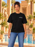 T-shirt oversize femme New Pharaon Noir profond, vue de face, logo Pharaonique côté cœur